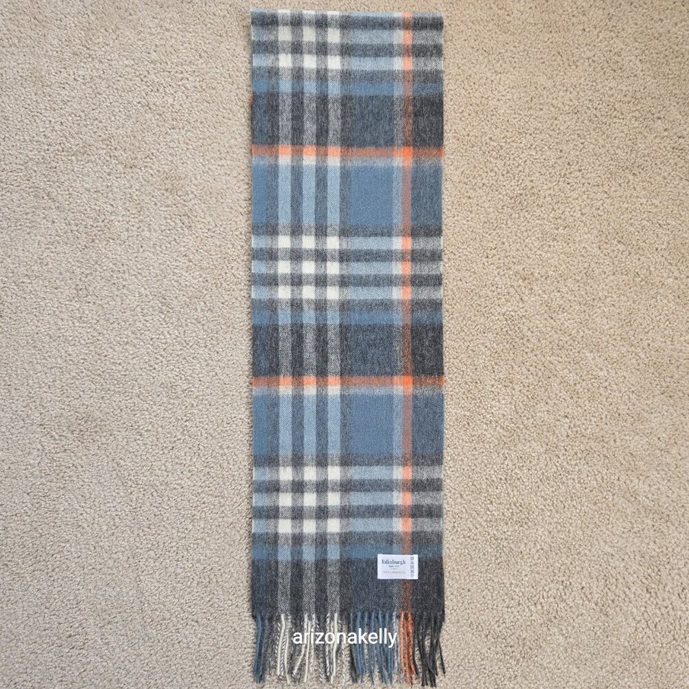 NWOT Edinburgh Lambswool Scarf Plaid Blue, Grey, and Orange Wool - Picture 6 of 8
